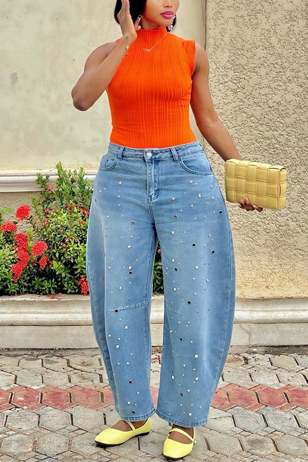 Versatile Scimitar Cut Beaded Eyelet High Waist Jeans