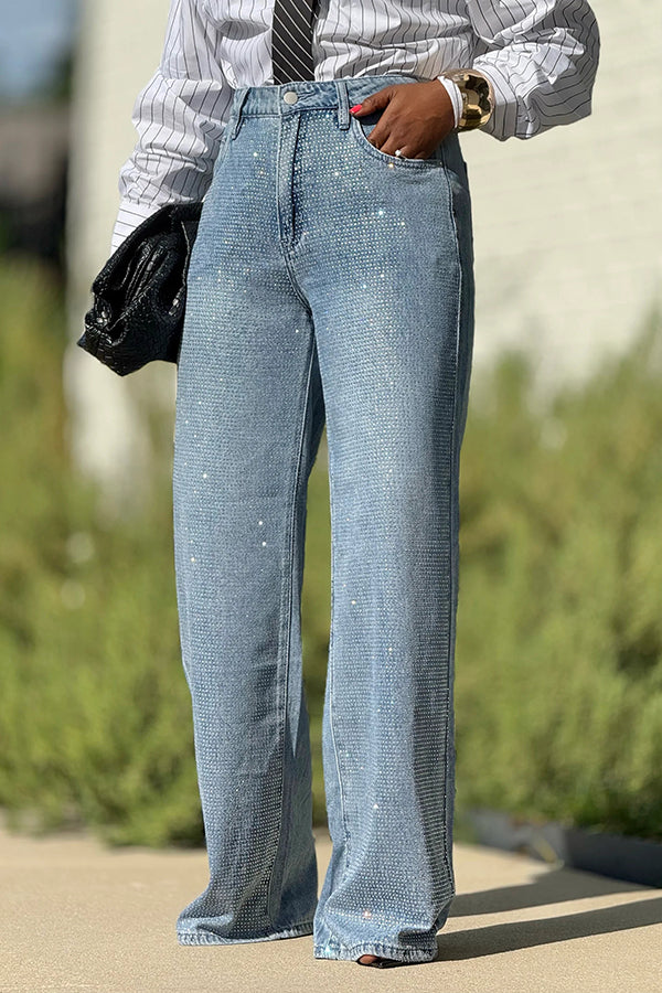 Fashion Rhinestone High Waist Wide Leg Jeans