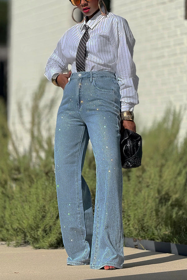 Fashion Rhinestone High Waist Wide Leg Jeans