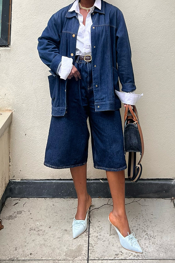 Vintage Denim Jacket & Wide Leg Cropped Jeans Set