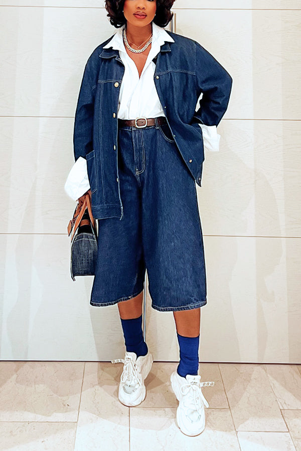 Vintage Denim Jacket & Wide Leg Cropped Jeans Set