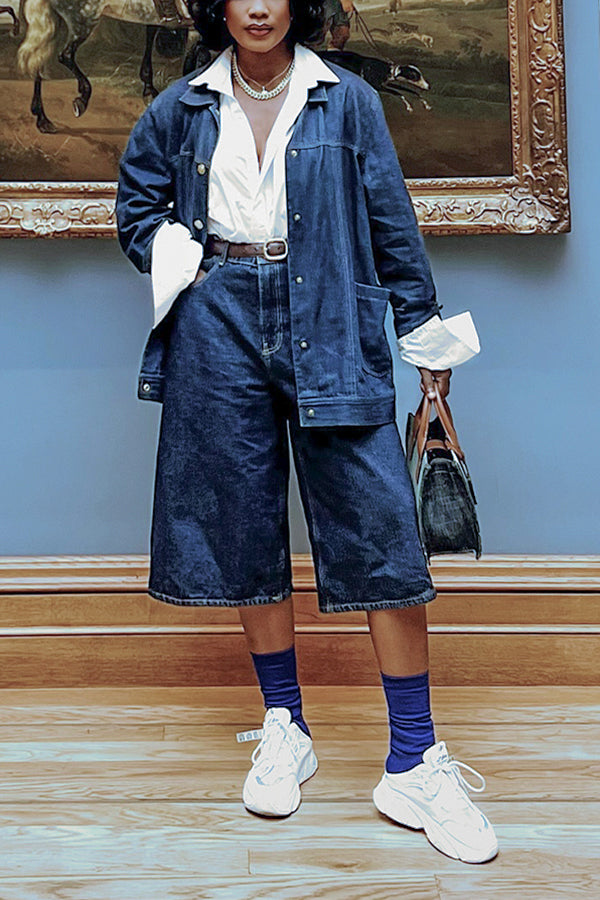 Vintage Denim Jacket & Wide Leg Cropped Jeans Set