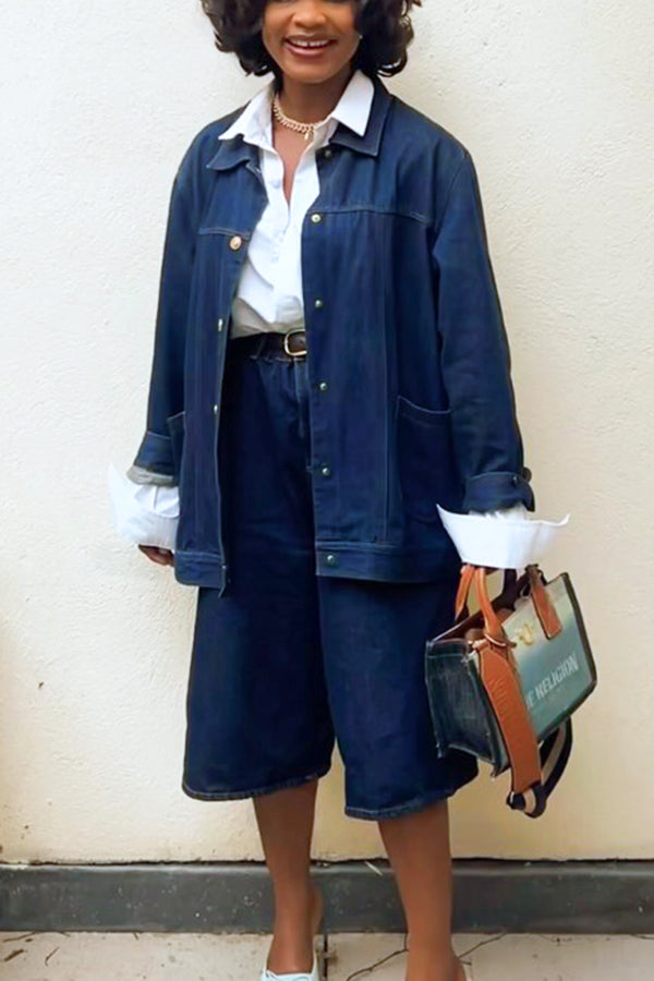 Vintage Denim Jacket & Wide Leg Cropped Jeans Set