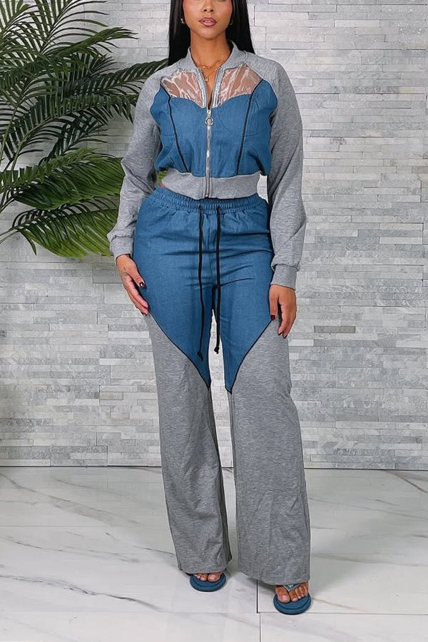 Casual Denim Patchwork Jacket & Wide Leg Pants Set