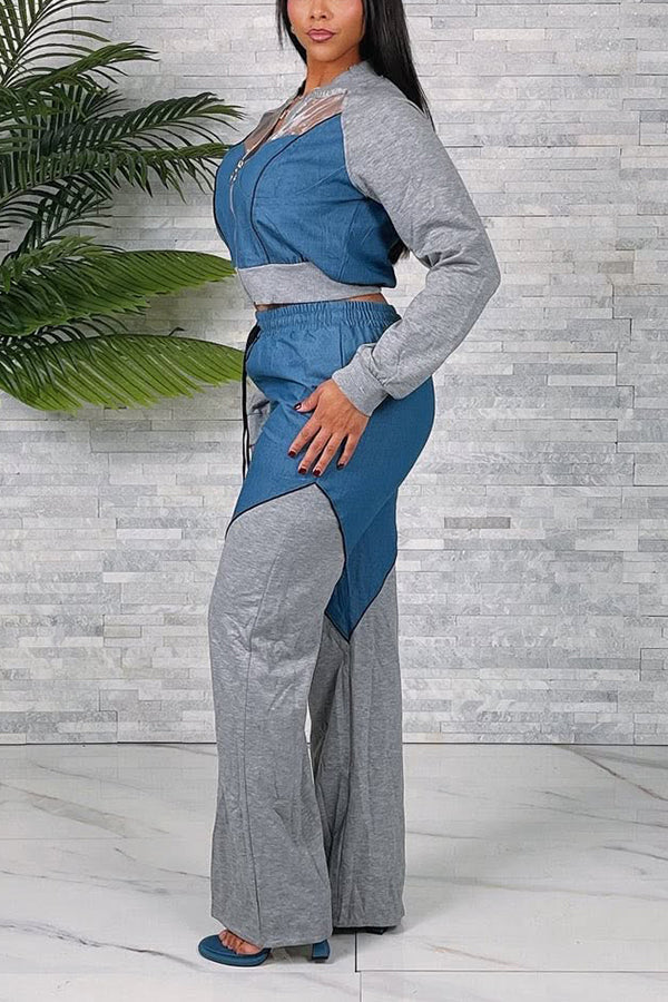 Casual Denim Patchwork Jacket & Wide Leg Pants Set