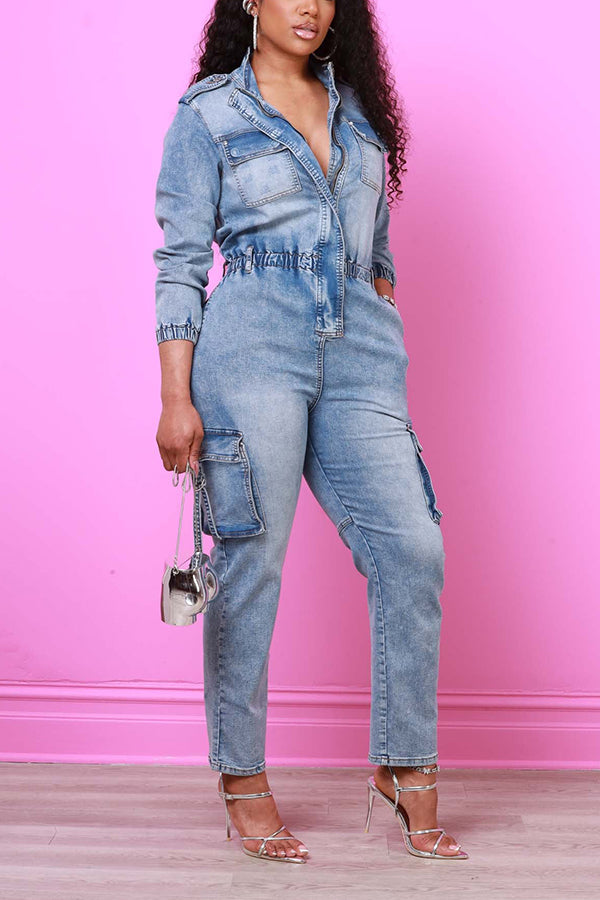 Casual Elastic Waist Denim Cargo Jumpsuit