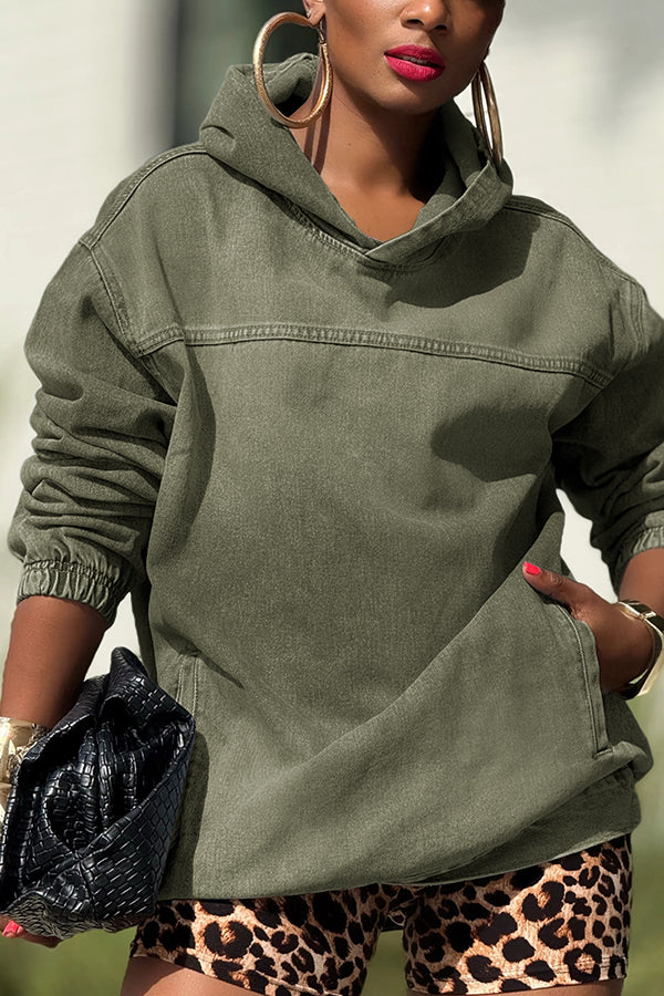 Versatile Pocket Design Light Washed Denim Hoodie