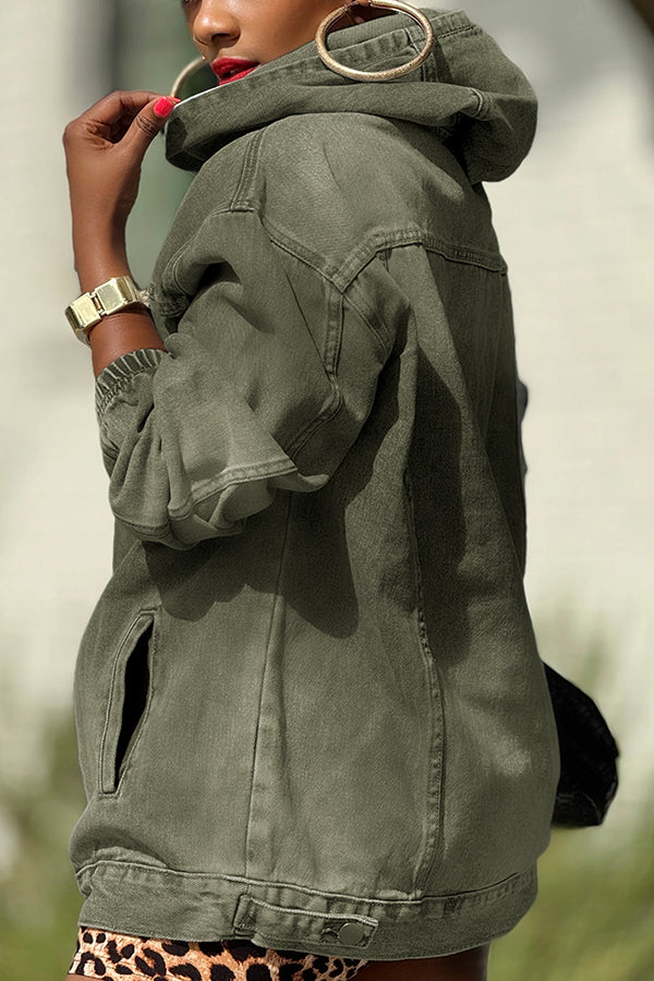 Versatile Pocket Design Light Washed Denim Hoodie