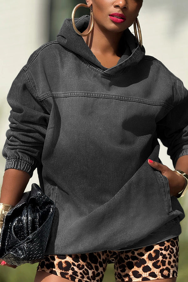 Versatile Pocket Design Light Washed Denim Hoodie