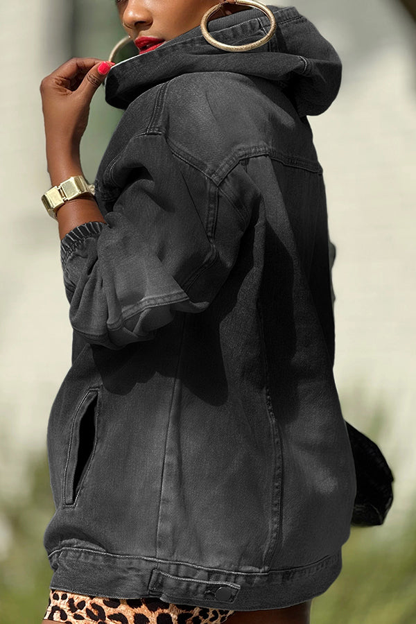 Versatile Pocket Design Light Washed Denim Hoodie