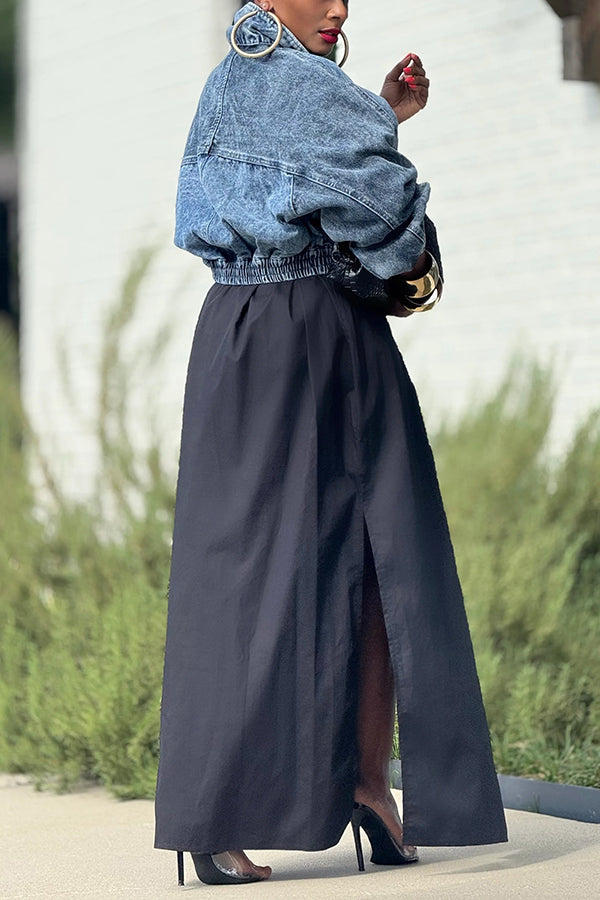 Vintage Elasticized Waistband Acid Wash Denim Jacket