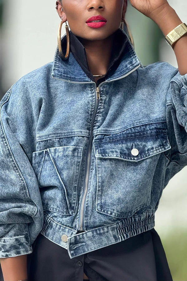 Vintage Elasticized Waistband Acid Wash Denim Jacket