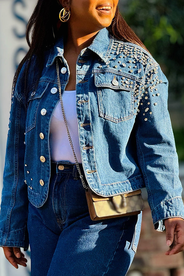 Stylish Rhinestone Embellished Double Pocket Denim Jacket