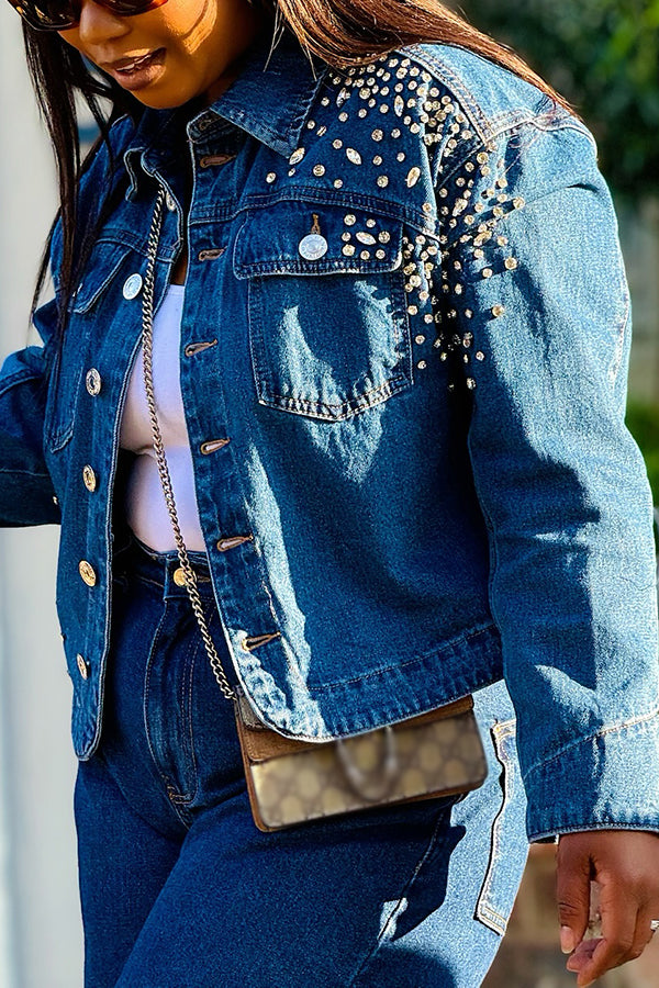 Stylish Rhinestone Embellished Double Pocket Denim Jacket