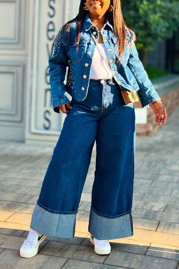 Stylish Rhinestone Embellished Double Pocket Denim Jacket