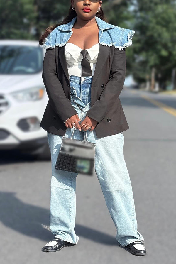Fashionable Raw Edge Denim Patchwork Blazer