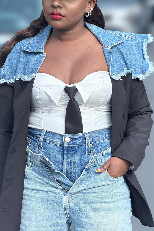 Fashionable Raw Edge Denim Patchwork Blazer
