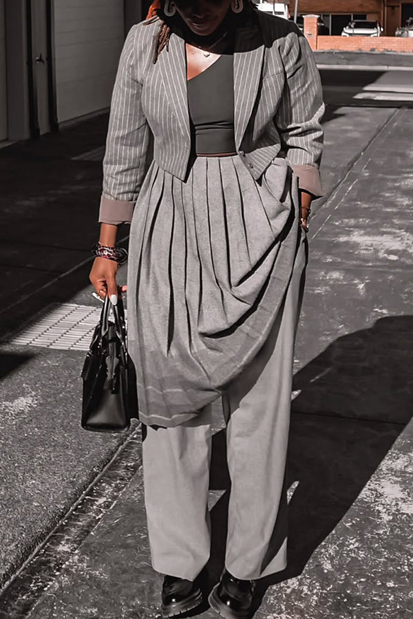 Stylish Striped Blazer & Pleated Patchwork Pants Set