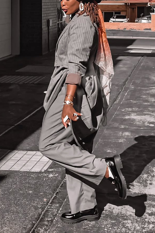 Stylish Striped Blazer & Pleated Patchwork Pants Set