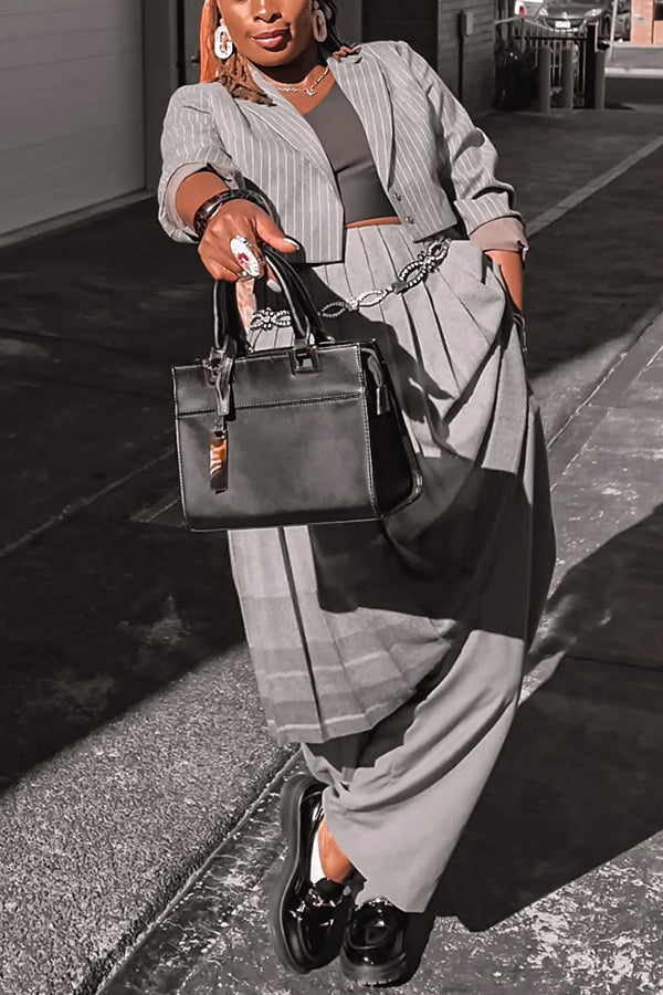 Stylish Striped Blazer & Pleated Patchwork Pants Set