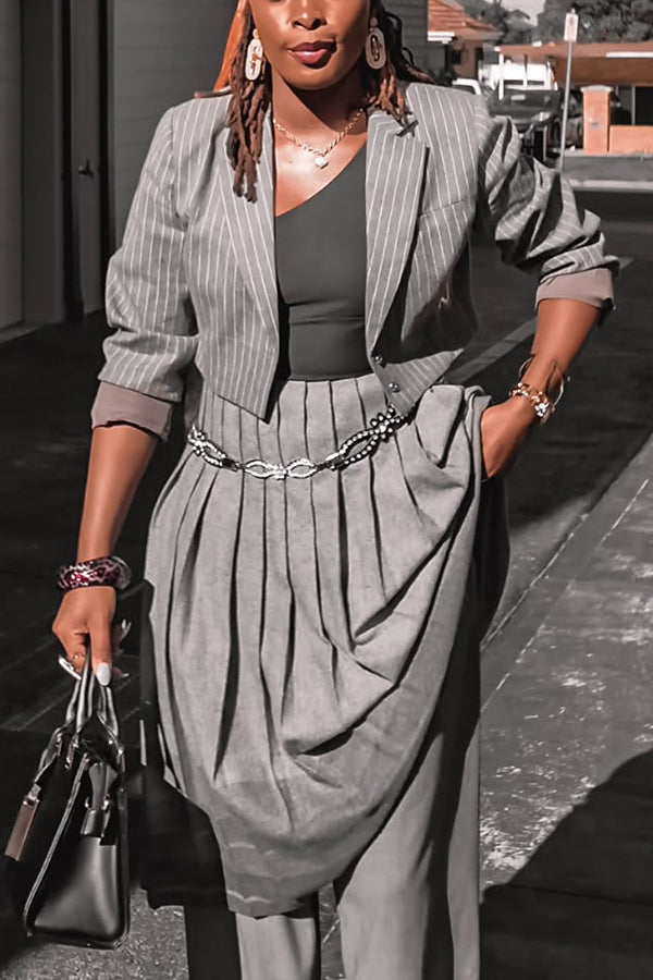 Stylish Striped Blazer & Pleated Patchwork Pants Set