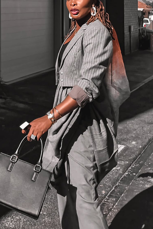 Stylish Striped Blazer & Pleated Patchwork Pants Set