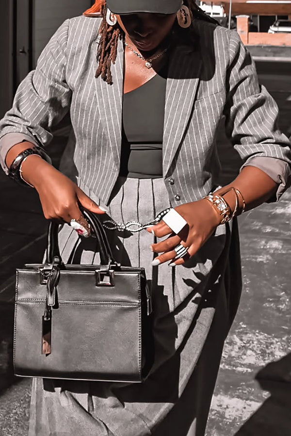 Stylish Striped Blazer & Pleated Patchwork Pants Set