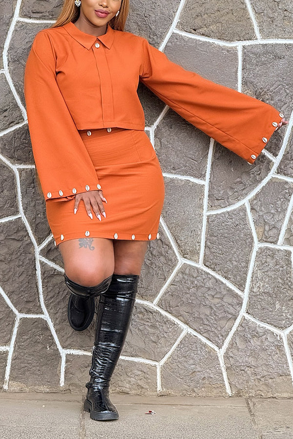 Striking Conch Embellished Wide Sleeve Top & Skirt Set