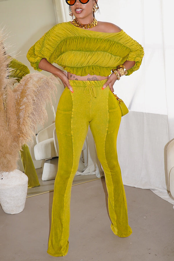 Glamorous Slant Neck Pleated Top & Flared Pants Set