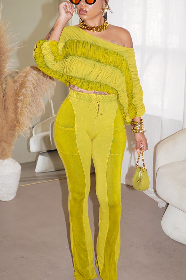 Glamorous Slant Neck Pleated Top & Flared Pants Set