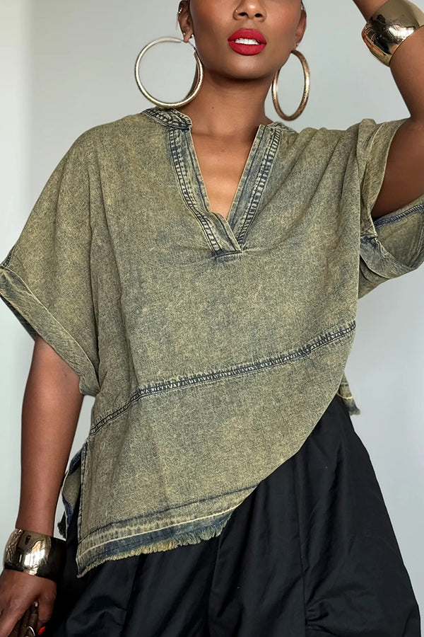 Casual Washed Side Slit Frayed Hem Denim Top