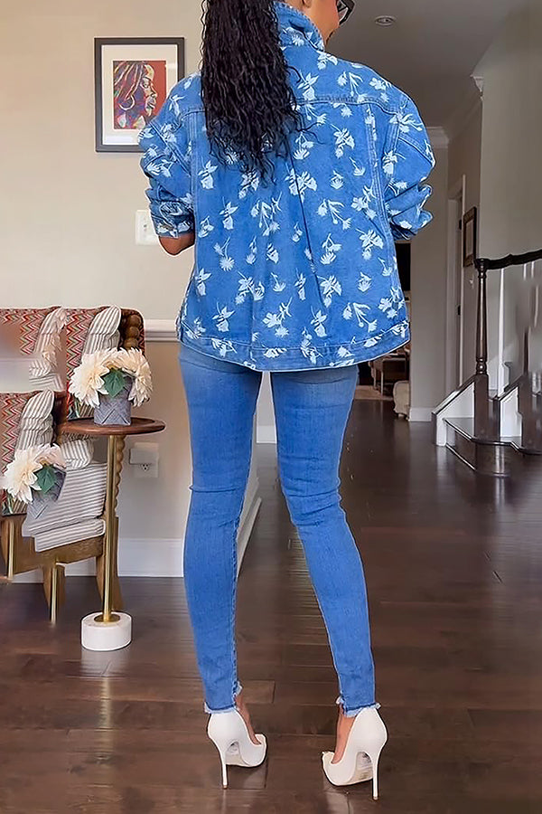 Versatile Nature Print Pocket Denim Jacket