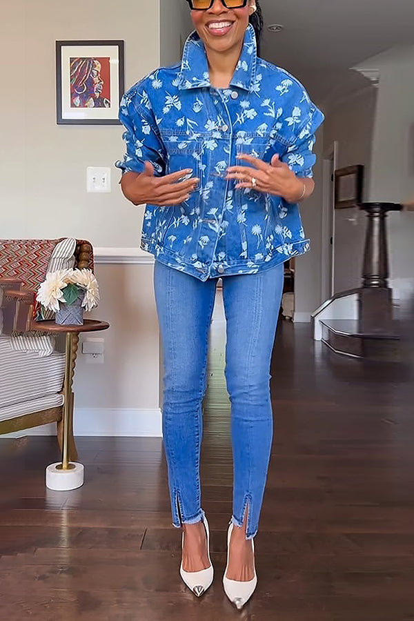 Versatile Nature Print Pocket Denim Jacket
