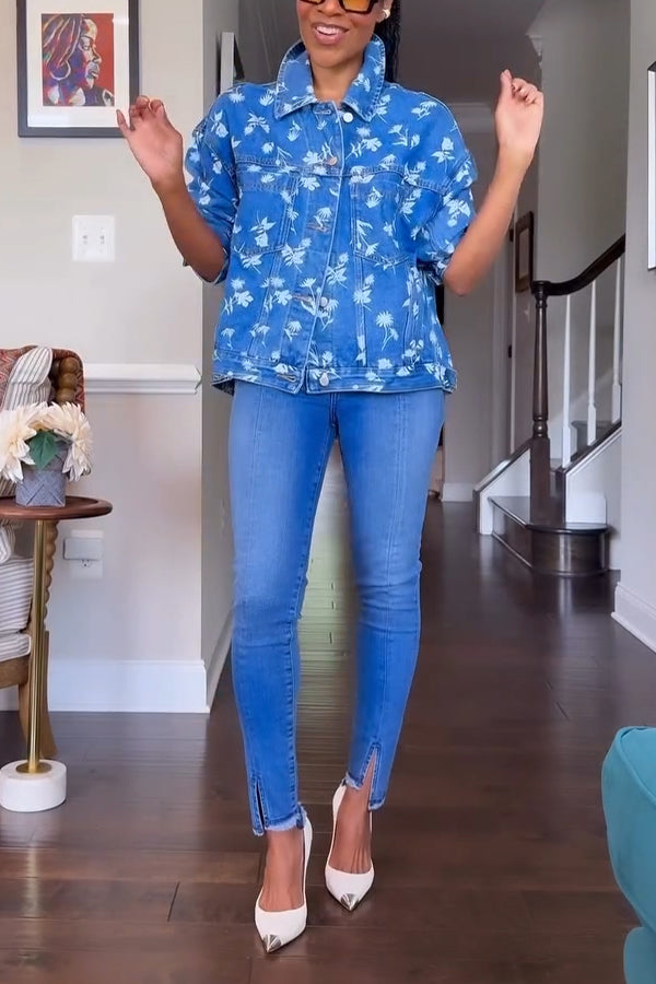 Versatile Nature Print Pocket Denim Jacket