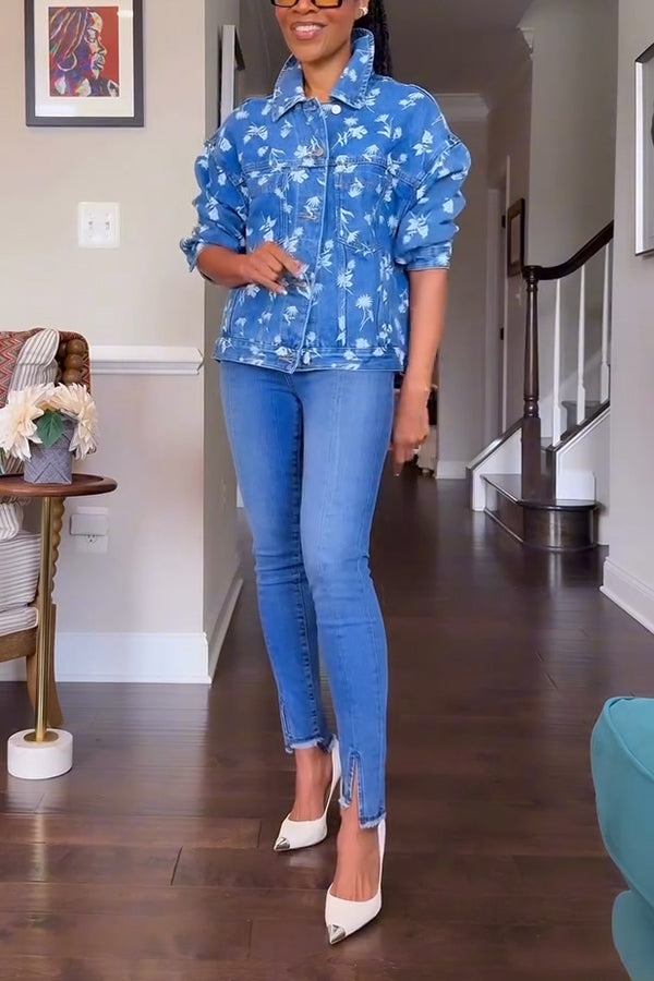 Versatile Nature Print Pocket Denim Jacket