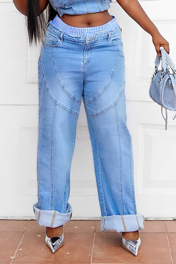 Stylish Patchwork High Waist Wide Leg Washed Jeans