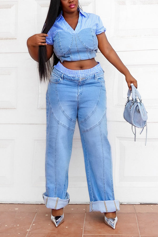 Stylish Patchwork High Waist Wide Leg Washed Jeans