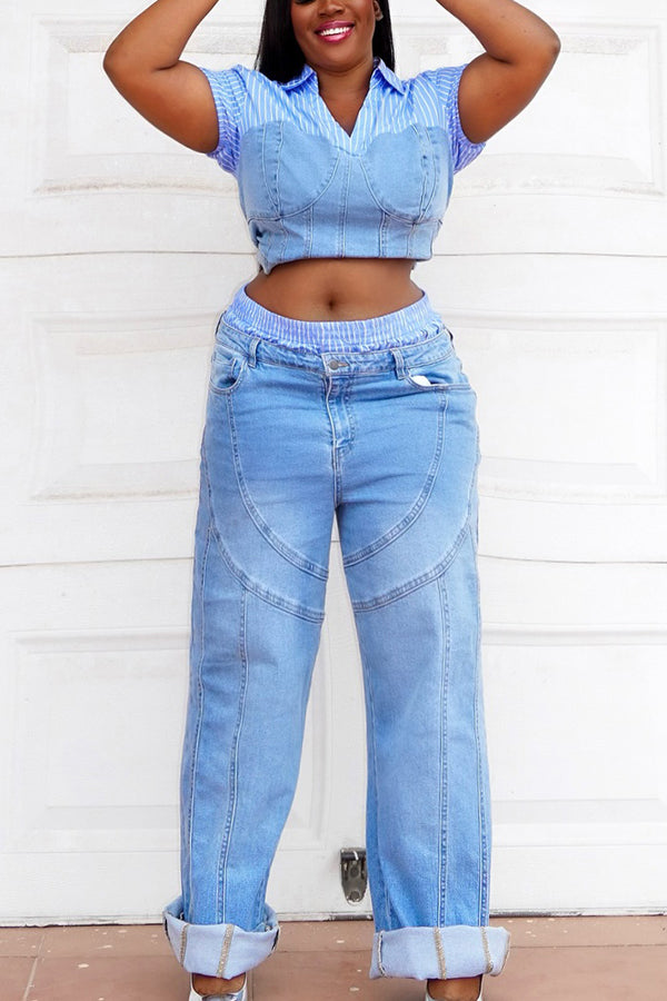 Stylish Patchwork High Waist Wide Leg Washed Jeans