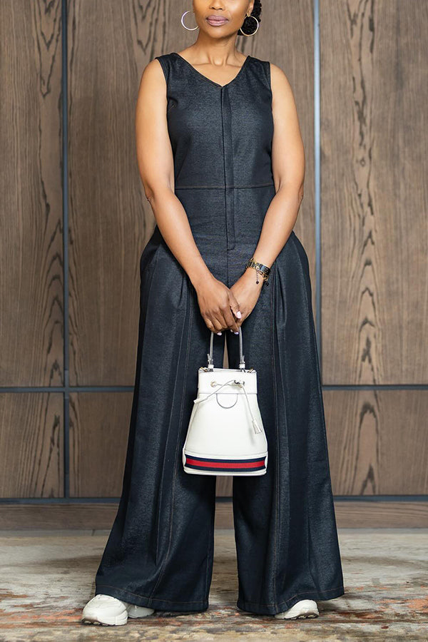 Fashionable Sleeveless Wide Leg Denim Jumpsuit