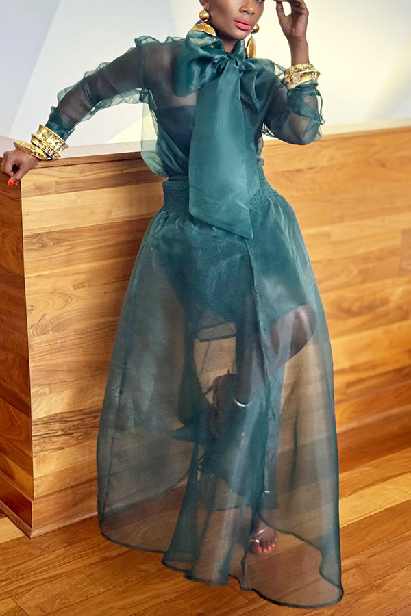 Glamorous Emerald Bow Top & Layered Skirt Set