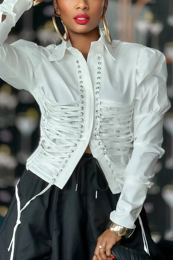 Stylish Corset Style Lacing Front Puffed Shoulder Shirt
