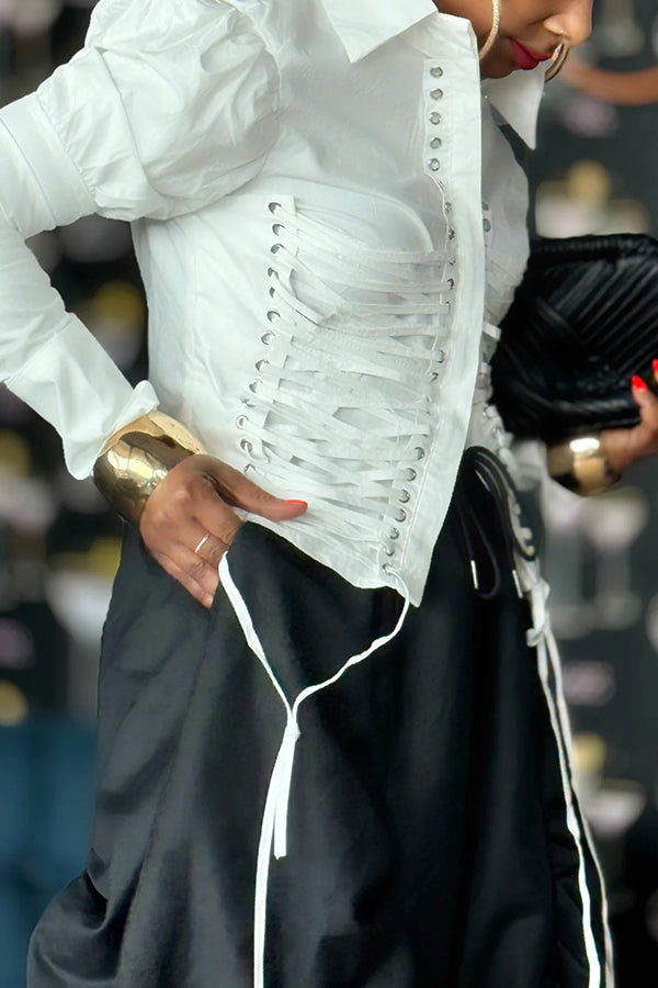 Stylish Corset Style Lacing Front Puffed Shoulder Shirt
