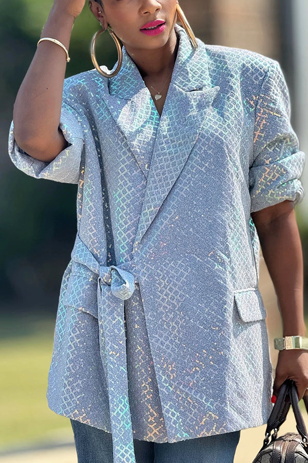 Fashionable Sequin Detailed Satin Lined Belted Blazer