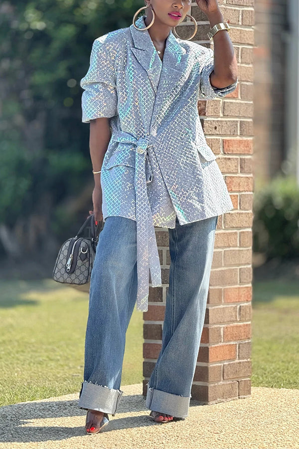 Fashionable Sequin Detailed Satin Lined Belted Blazer