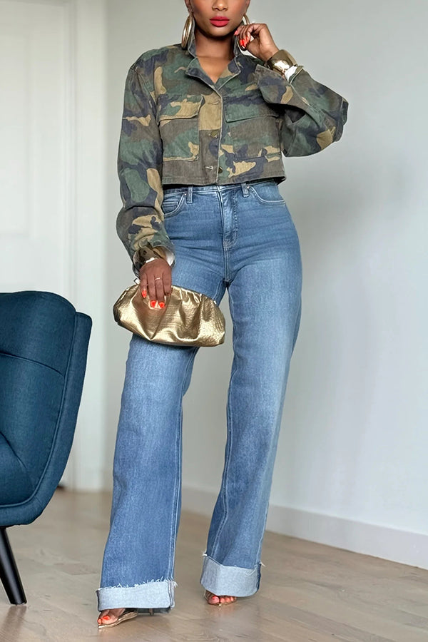 Casual Double Pocket Short Cargo Camouflage Jacket