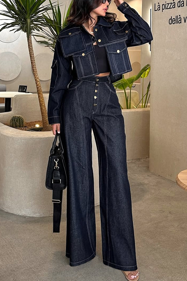 Vintage Patchwork Denim Jacket & Wide Leg Jeans Set