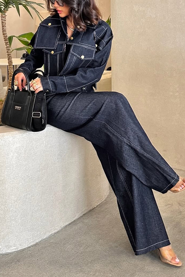 Vintage Patchwork Denim Jacket & Wide Leg Jeans Set