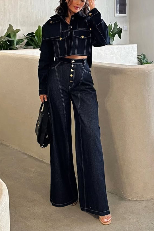 Vintage Patchwork Denim Jacket & Wide Leg Jeans Set