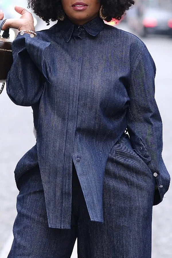 Business Casual Irregular Hem Denim Jacket & Jeans Set