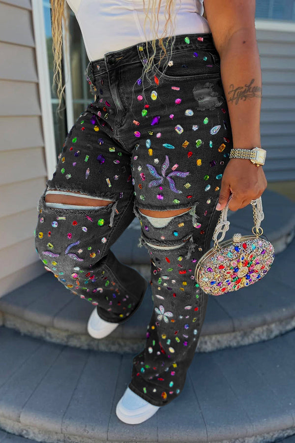 Striking Rhinestone Ripped Raw Edge High Waist Jeans